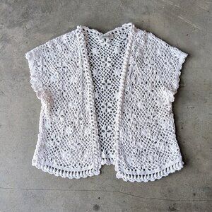 Dressbarn White Open Knit Crochet Short Sleeve Cardigan Sweater size XL